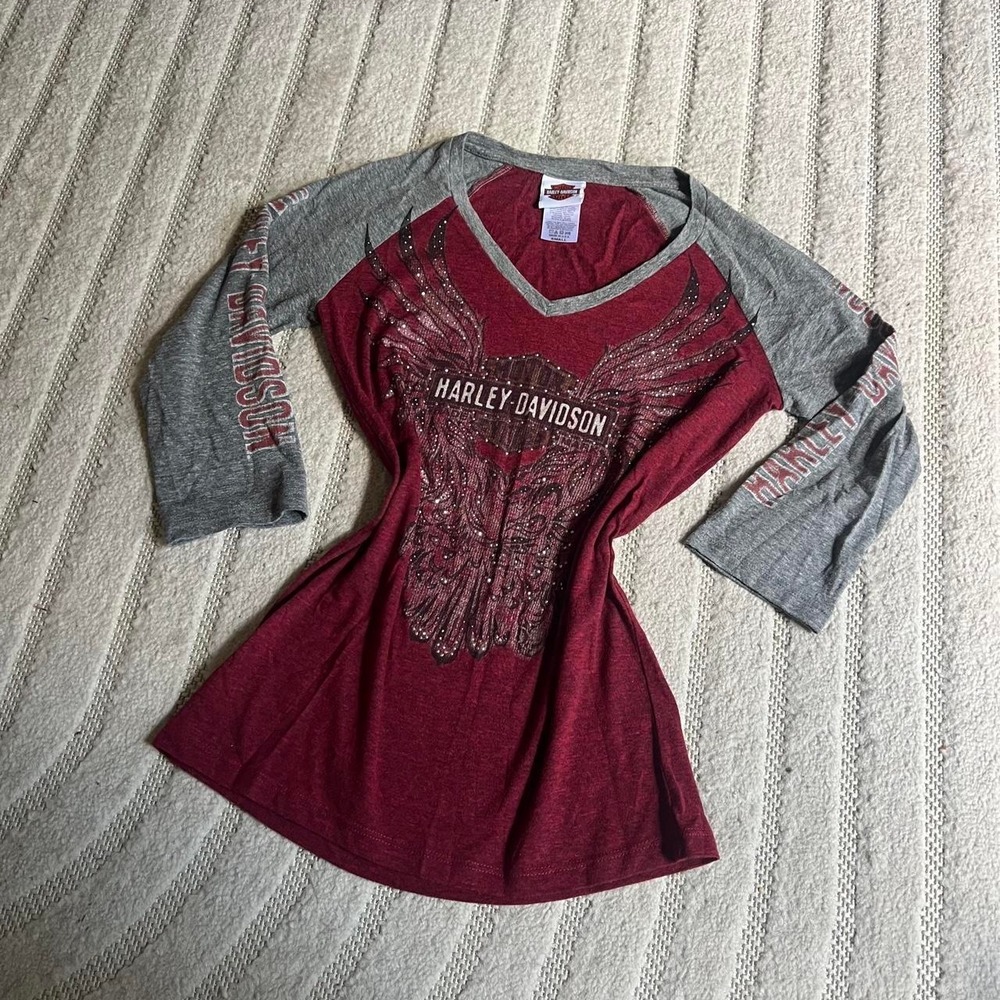 Harley Davidson burgundy rhinestone wings women shirt size S grunge punk biker